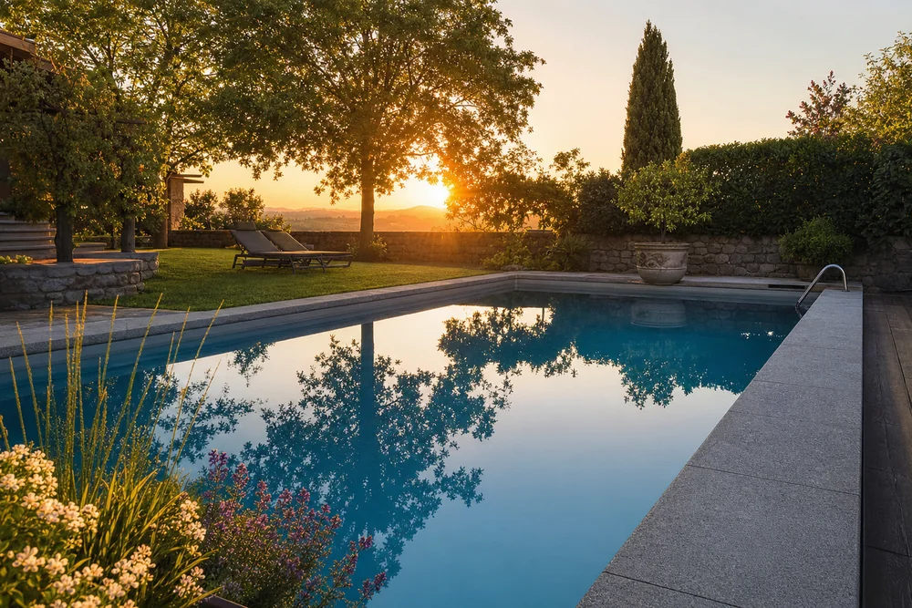 Klares warmes Poolwasser bei Sonnenuntergang, einladend zum Baden