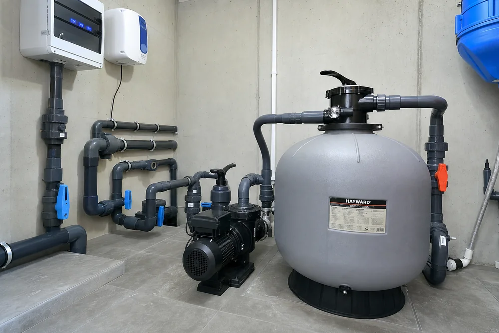 Installierte Pooltechnik mit Sandfilteranlage und Pumpe im Technikraum