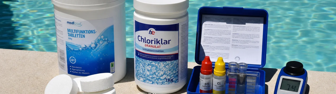Verschiedene Mittel zur Pooldesinfektion nebeneinander am klaren Beckenwasser