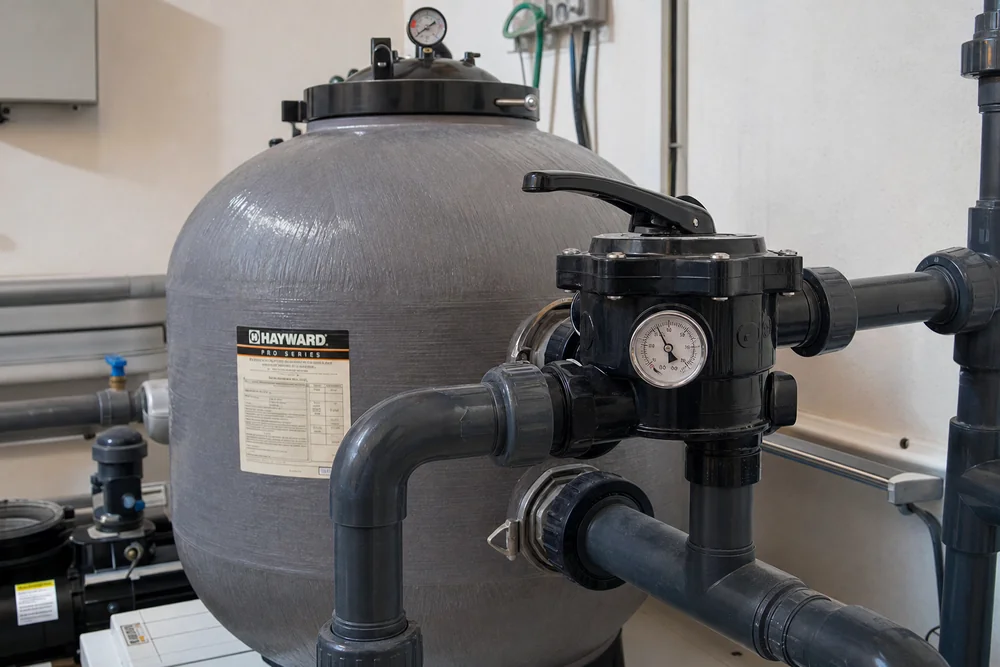 Mehrwegeventil und Filterkessel auf der Druckseite der Poolanlage Mehrwegeventil und Filterkessel auf der Druckseite der Poolanlage