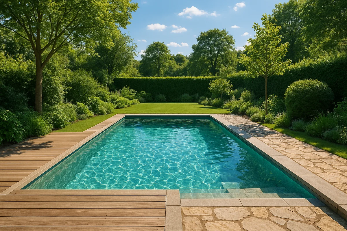 Ländlicher Gartenpool mit klarem Wasser