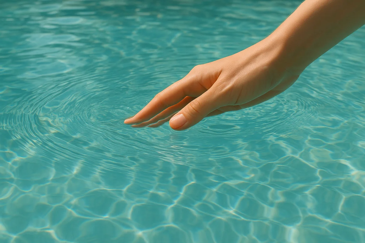 Hand im weichen, klaren Poolwasser eines Salzwasserpools