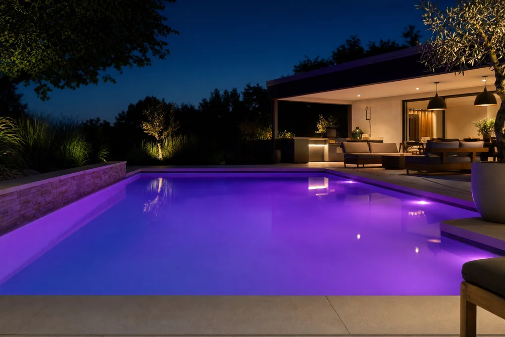 Farbiges RGB-Licht im Pool bei Nacht, gleichmäßig ausgeleuchtetes Becken Farbiges RGB-Licht im Pool bei Nacht, gleichmäßig ausgeleuchtetes Becken