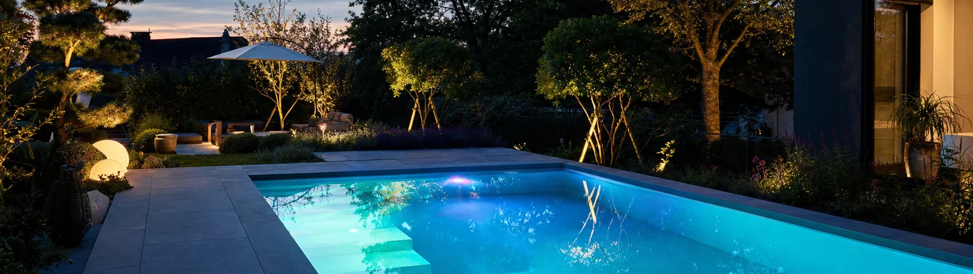 Unterwasser-Poolbeleuchtung mit farbigem LED-Scheinwerfer im Becken bei Dämmerung Unterwasser-Poolbeleuchtung mit farbigem LED-Scheinwerfer im Becken bei Dämmerung