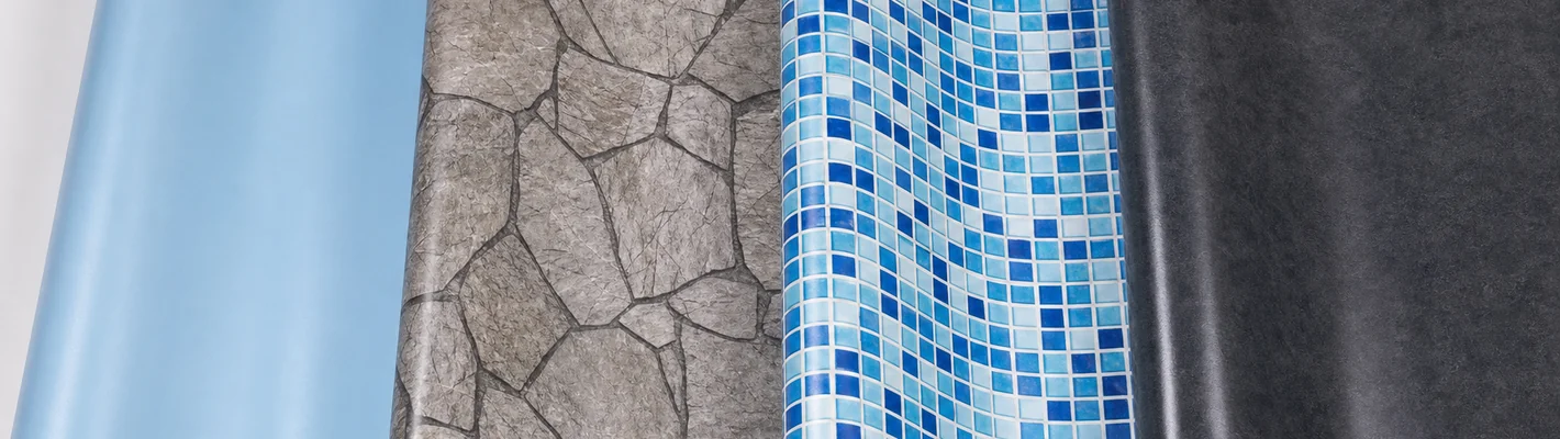 Verschiedene Poolfolien-Typen und Dekore nebeneinander, von glatt bis Stein-Optik
