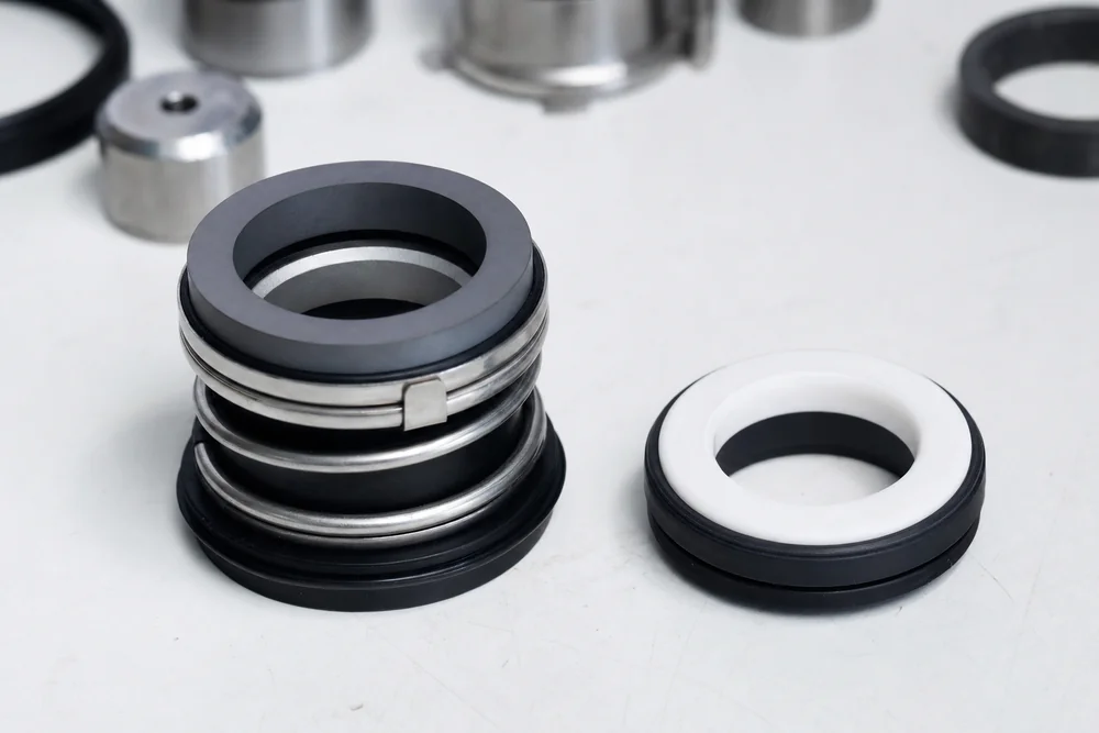 Neue Gleitringdichtung mit Kohlering und Keramikring auf der Werkbank