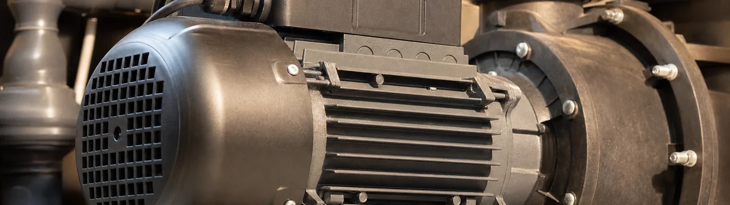 Poolpumpe mit Motor im Technikraum mit Fokus auf den warmen Motorblock
