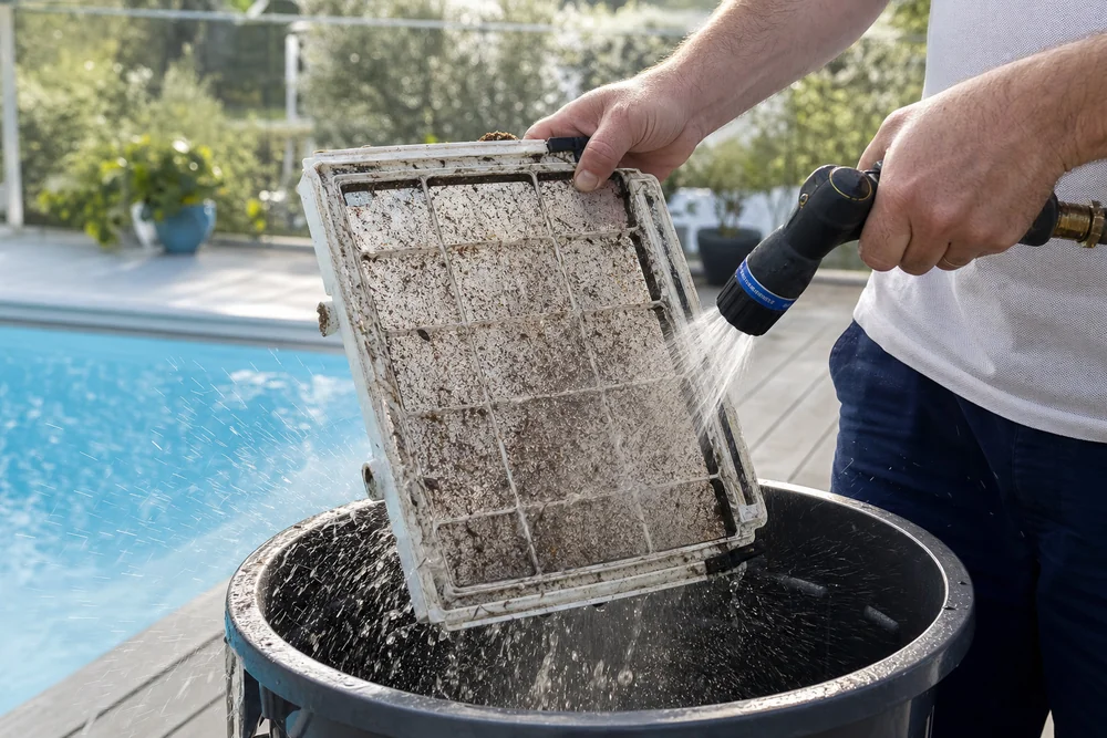Verstopfter Filterkorb eines Poolroboters wird mit Wasserstrahl ausgespült