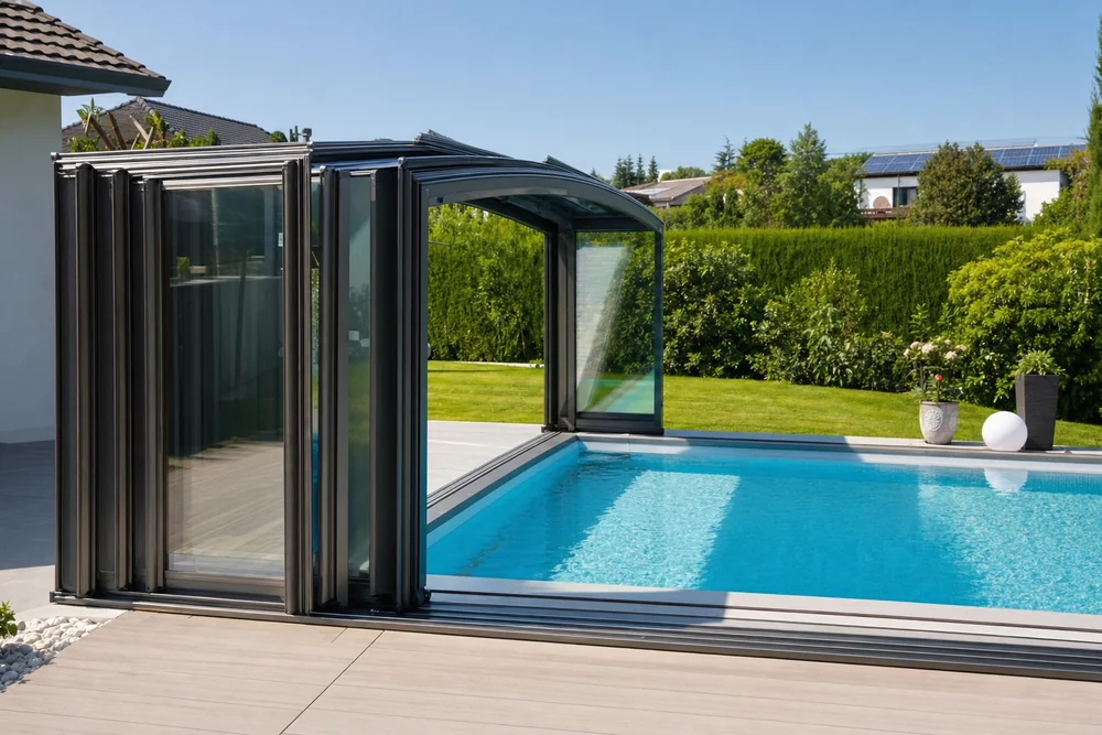 Geöffnete teleskopische Poolüberdachung mit zusammengeschobenen Segmenten neben dem Becken Geöffnete teleskopische Poolüberdachung mit zusammengeschobenen Segmenten neben dem Becken