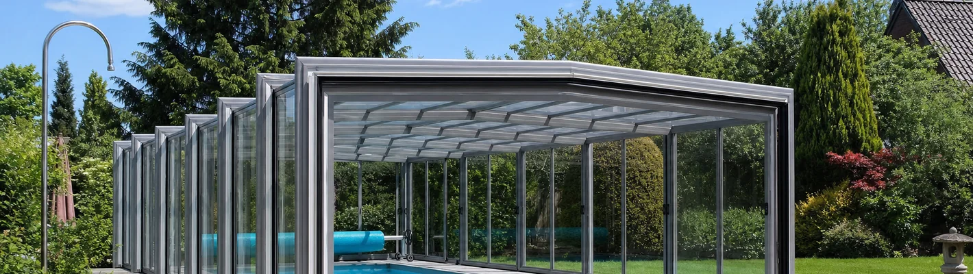 Verschiebbare Poolüberdachung aus Aluminium und Polycarbonat über einem Gartenpool Verschiebbare Poolüberdachung aus Aluminium und Polycarbonat über einem Gartenpool