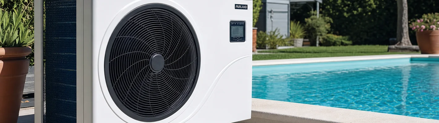 Poolwärmepumpe neben einem Gartenpool, die der Außenluft Wärme entzieht