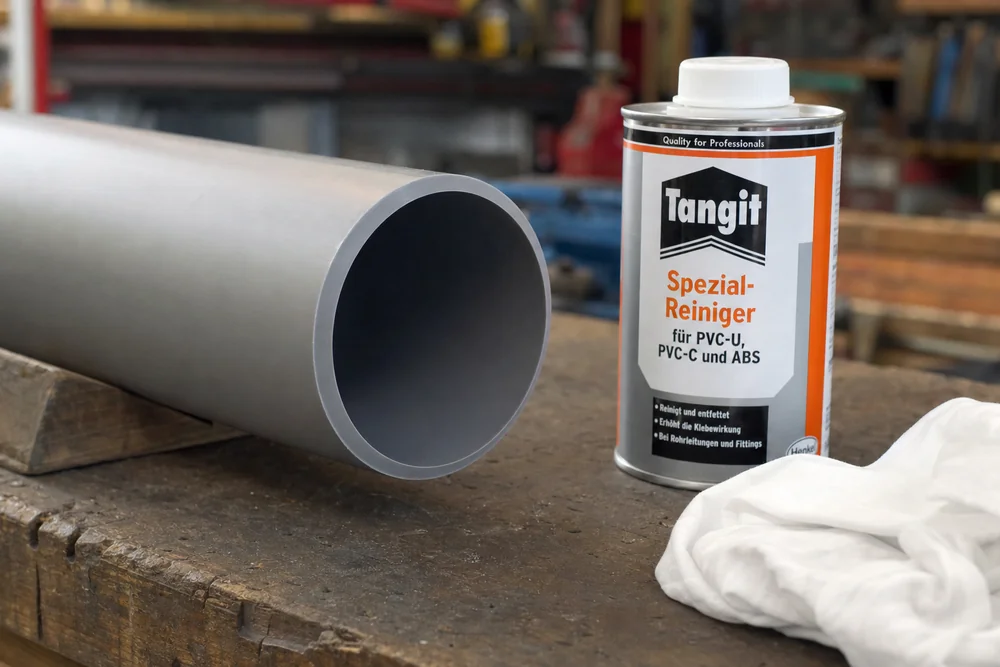 Vorbereitete PVC-Rohrenden mit angefaster Kante und Reiniger