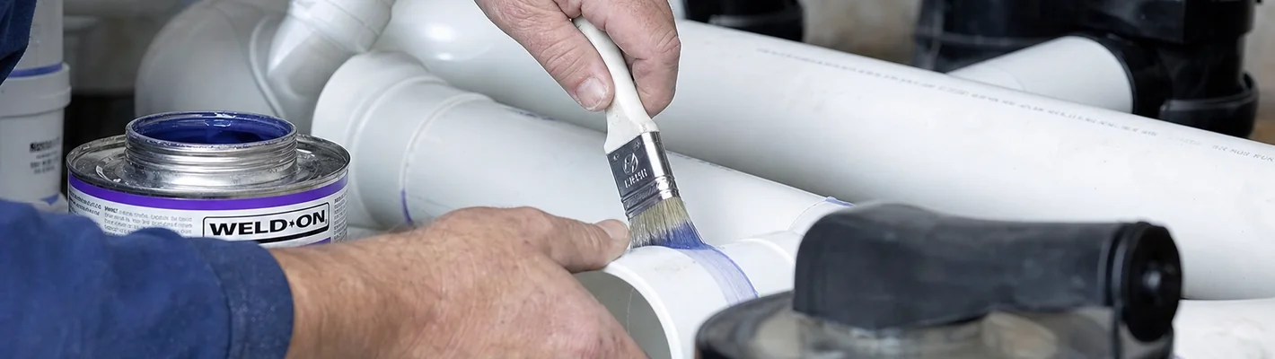 PVC-U Poolrohre und Fittings werden mit Kleber und Pinsel verbunden