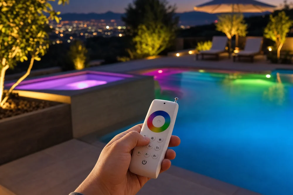 Funk-Fernbedienung fuer RGB-Poolbeleuchtung in der Hand am Pool