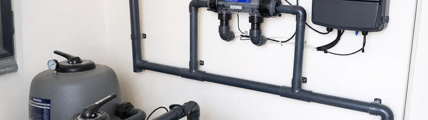 Elektrolysezelle und Steuergerät einer nachgerüsteten Salzanlage an der Poolverrohrung