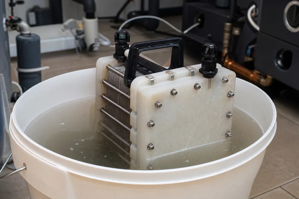 Ausgebaute Elektrolysezelle steht zum Entkalken in einem Behälter