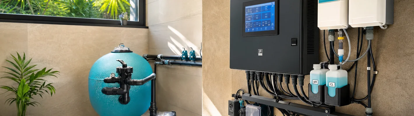 Schwimmbadsteuerung im Technikraum mit Bedienpanel und Anlagen