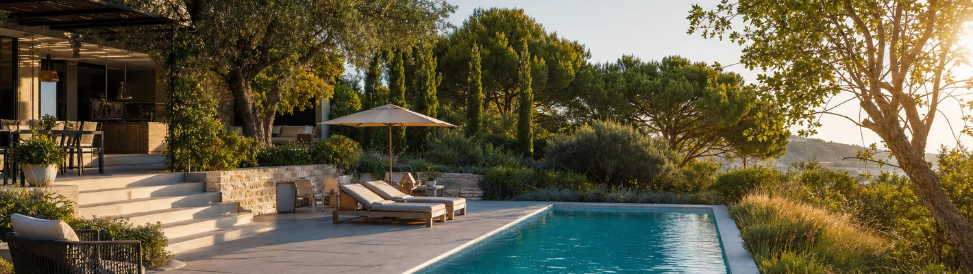 Modernes privates Schwimmbecken im gepflegten Garten mit klarem Wasser und Terrasse
