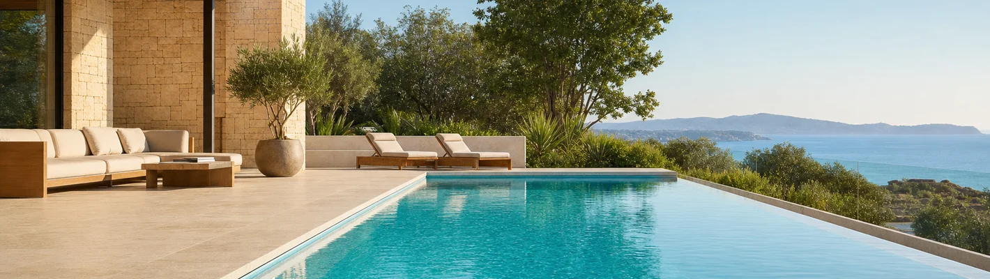 Modernes Schwimmbecken mit Skimmer und ruhiger Wasseroberfläche im Garten