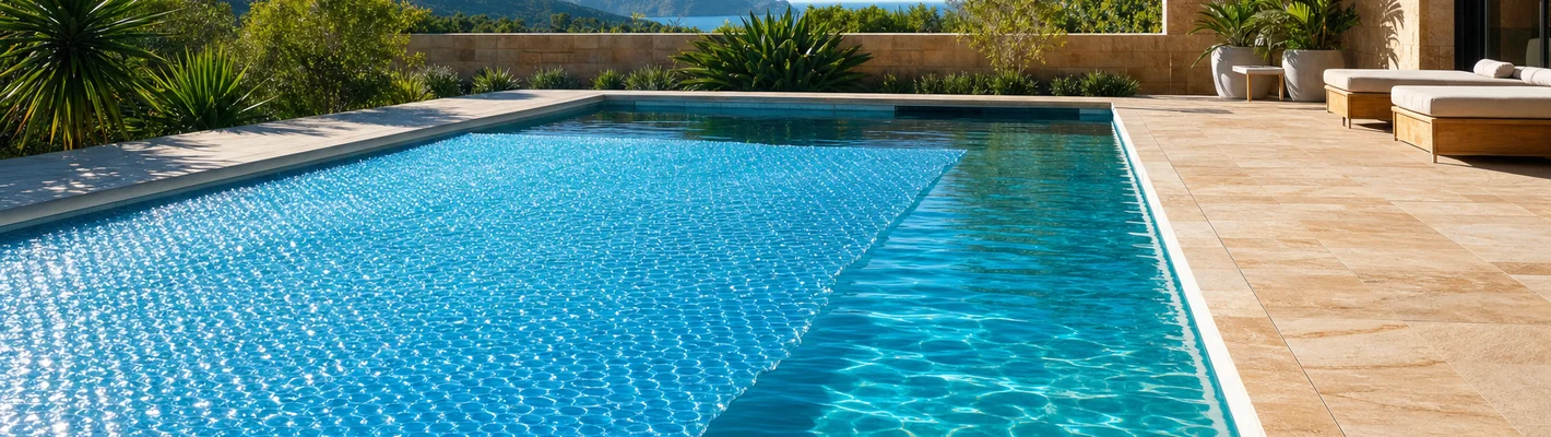Solarabdeckfolie auf einem Schwimmbecken, blaue Luftpolster-Membran auf der Wasseroberfläche