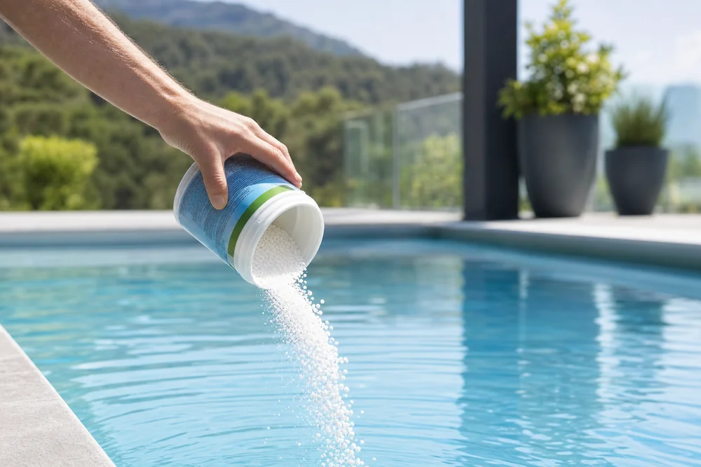 Person streut Chlorgranulat zur Stoßchlorung in den Pool