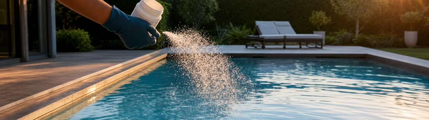 Stoßchlorung am Pool mit Chlorgranulat über klarem Wasser