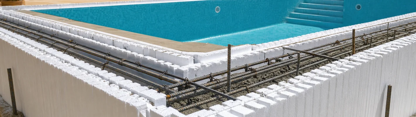 Schwimmbecken-Rohbau aus Polystyrol-Systembausteinen mit Betonverfüllung und Bewehrung