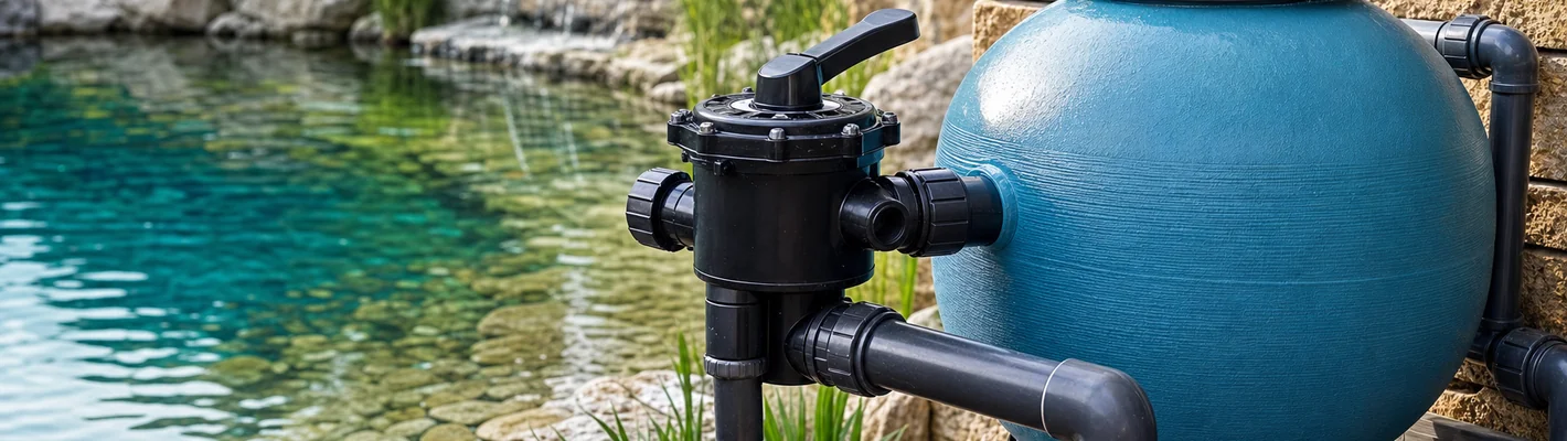 Teichfilteranlage mit Beadfilter und Technik an einem naturnahen Schwimmteich