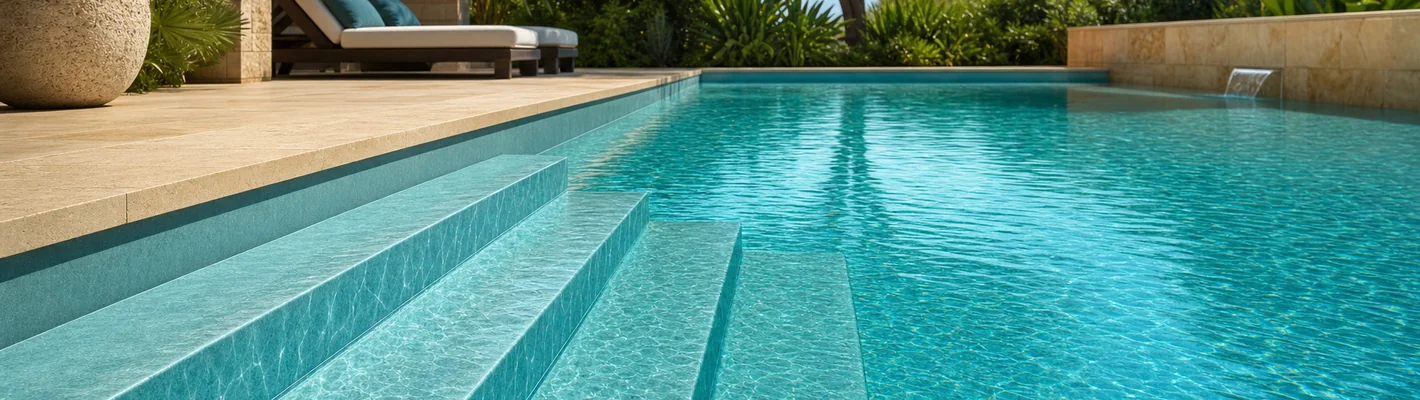 Treppenauskleidung mit Schwimmbadfolie, Detailaufnahme einer foliierten Pool-Treppe