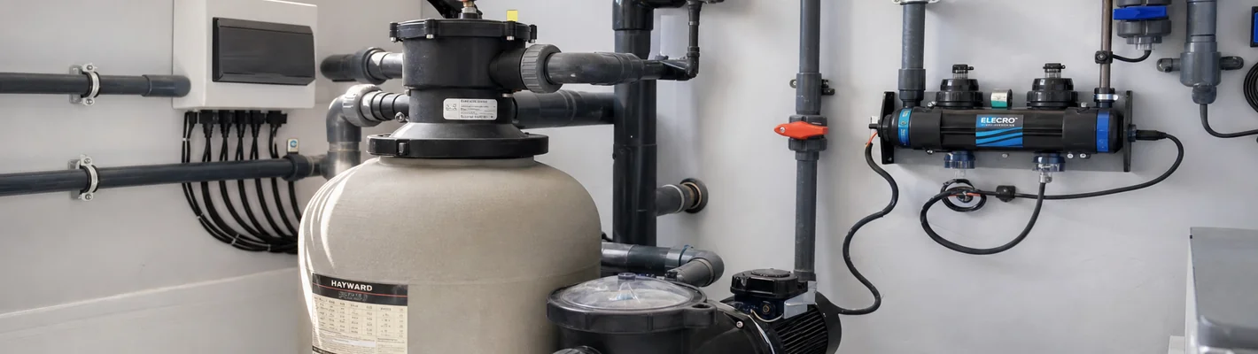 Poolpumpe und Sandfilter wälzen das Beckenwasser im Technikraum um Poolpumpe und Sandfilter wälzen das Beckenwasser im Technikraum um