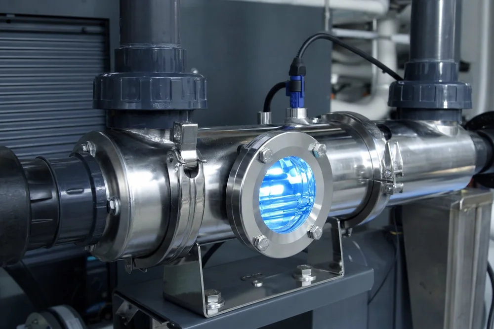 UV-C-Reaktor mit blauem Leuchten in der Poolverrohrung