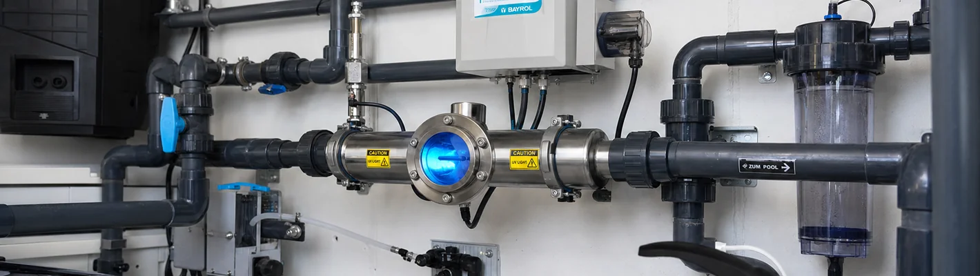 UV-Anlage und Ozonsystem in der Poolverrohrung eines privaten Technikraums