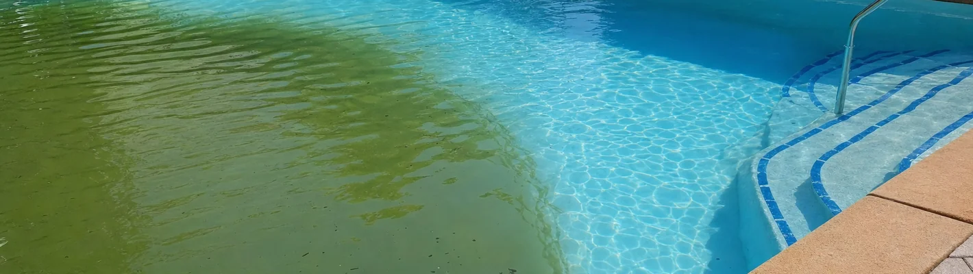 Poolwasser mit bräunlich-grüner Verfärbung im Vergleich zu klarem Wasser
