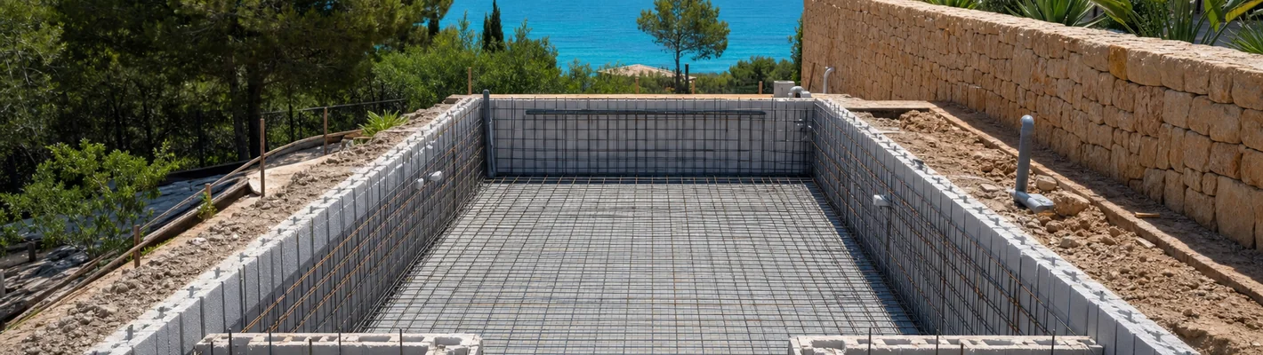 Beckenwände eines Betonschwimmbeckens im Bau