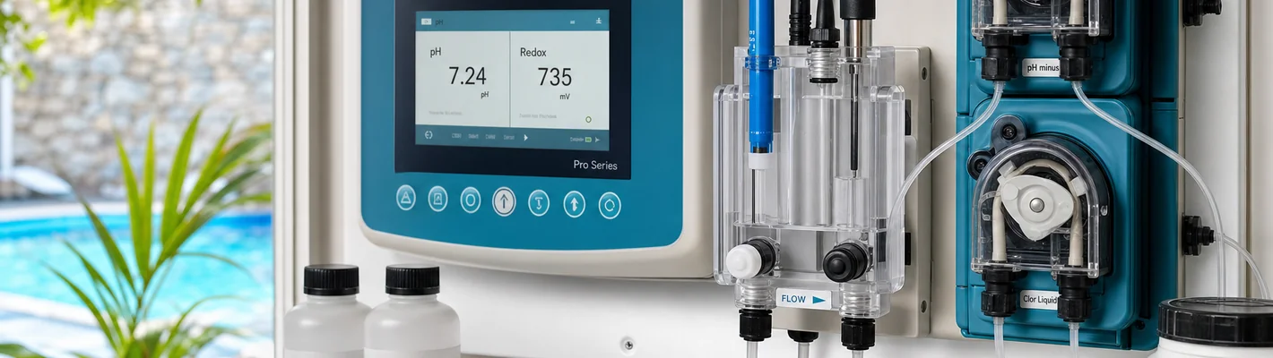 Mess- und Regeltechnik für Schwimmbäder mit pH- und Redox-Elektroden, Pufferlösungen und Dosierpumpen im Technikraum