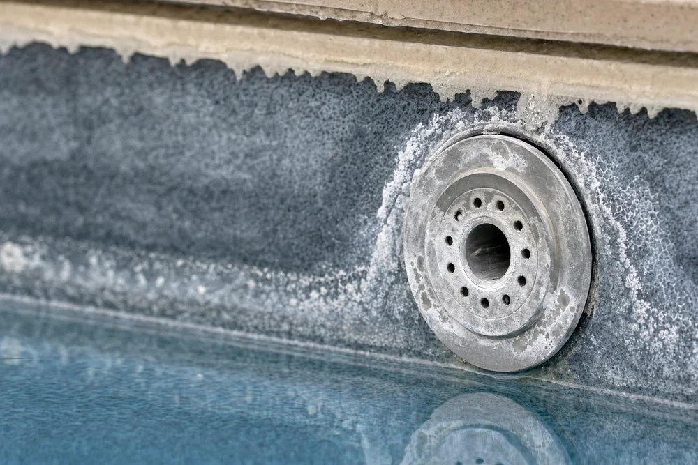 Kalkablagerungen an einer Pooldüse durch zu hohe Wasserhärte