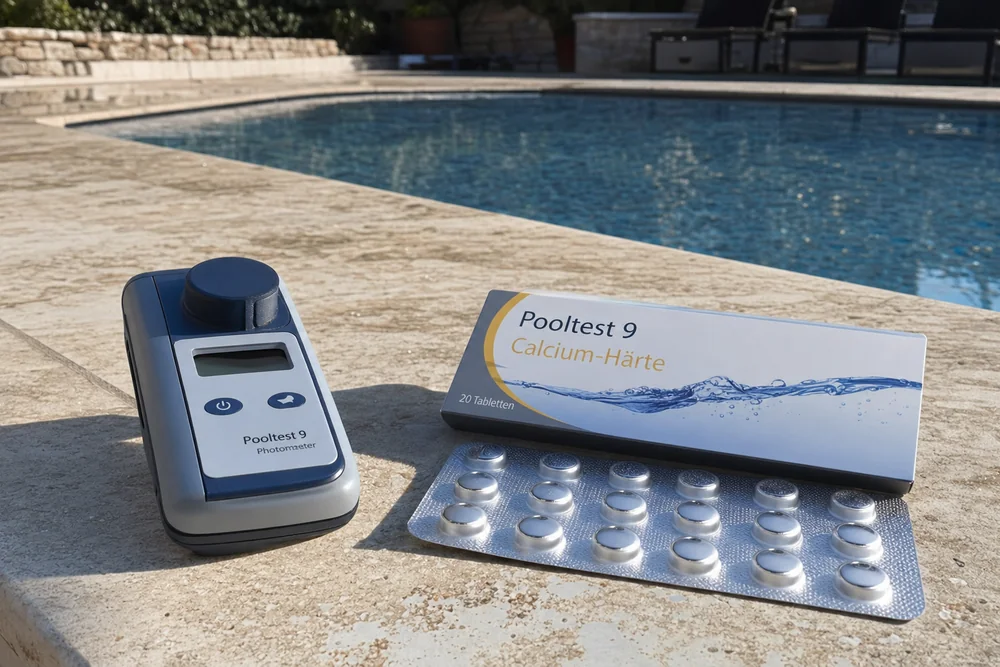 Photometer und Testtabletten zur Messung der Calciumhärte im Pool