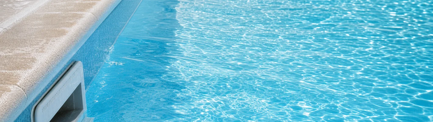 Kristallklares Poolwasser mit Skimmer und Bodensauger, gepflegtes Schwimmbecken im Garten