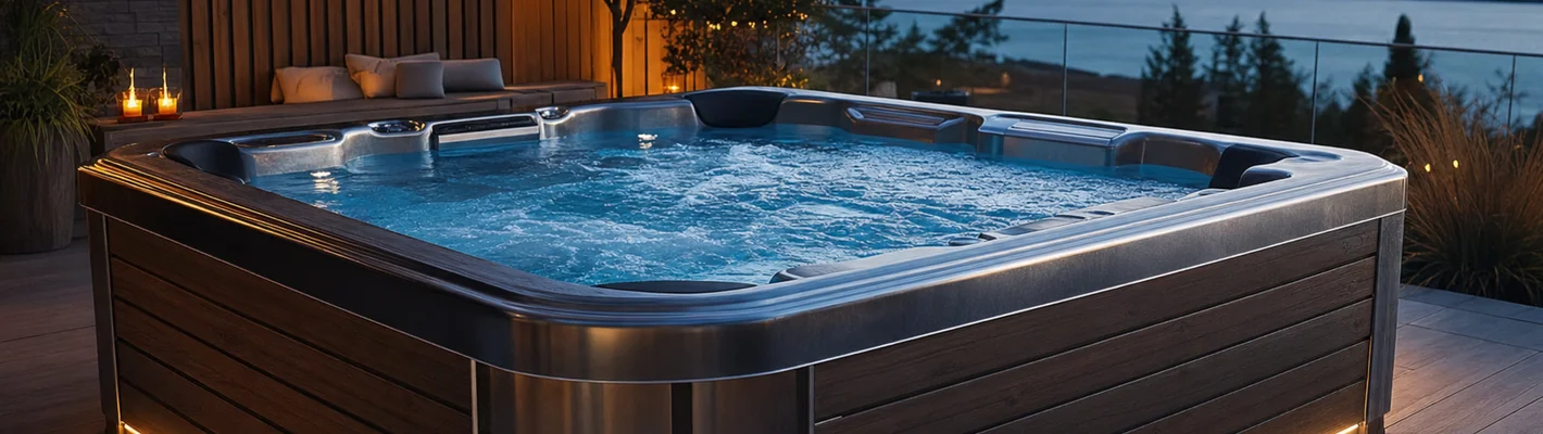 Whirlpool im Garten mit klarem, sprudelndem Wasser