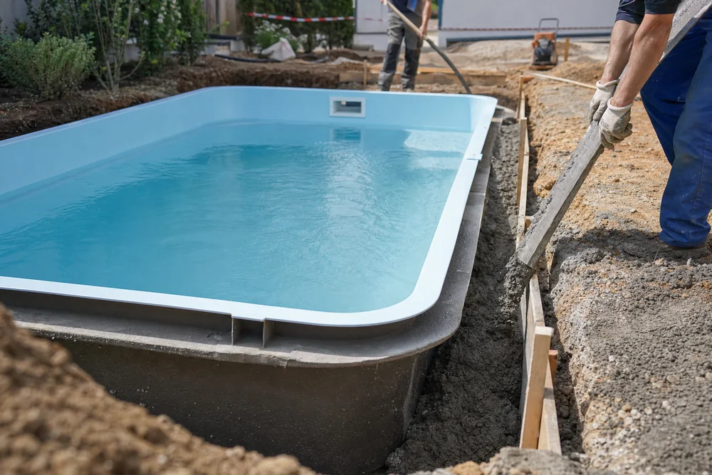 Schrittweise Hinterfüllung eines eingesetzten GFK-Beckens parallel zur Wasserbefüllung