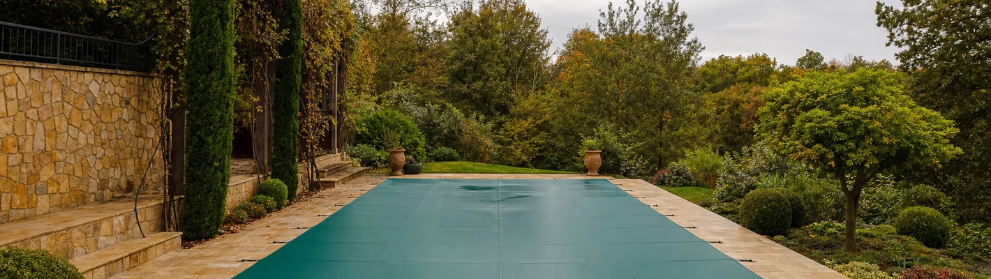 Schwimmbecken im Garten mit grüner Winter-Abdeckplane abgedeckt