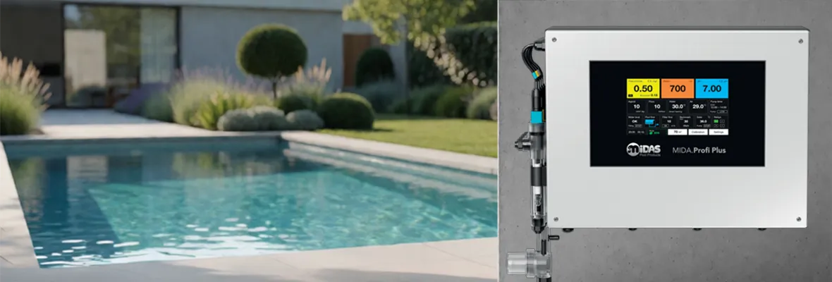 MIDA Profi Plus Dosieranlage an der Wand neben einem modernen Gartenpool