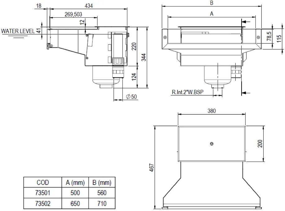 Technische Zeichnung Edelstahl Slim Skimmer High Level A-500 und A-650