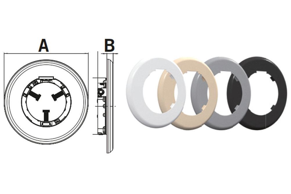 Technische Zeichnung der Astralpool LumiPlus Flexi Blende mit Ansichten von vorne und der Seite, sowie Farbvarianten