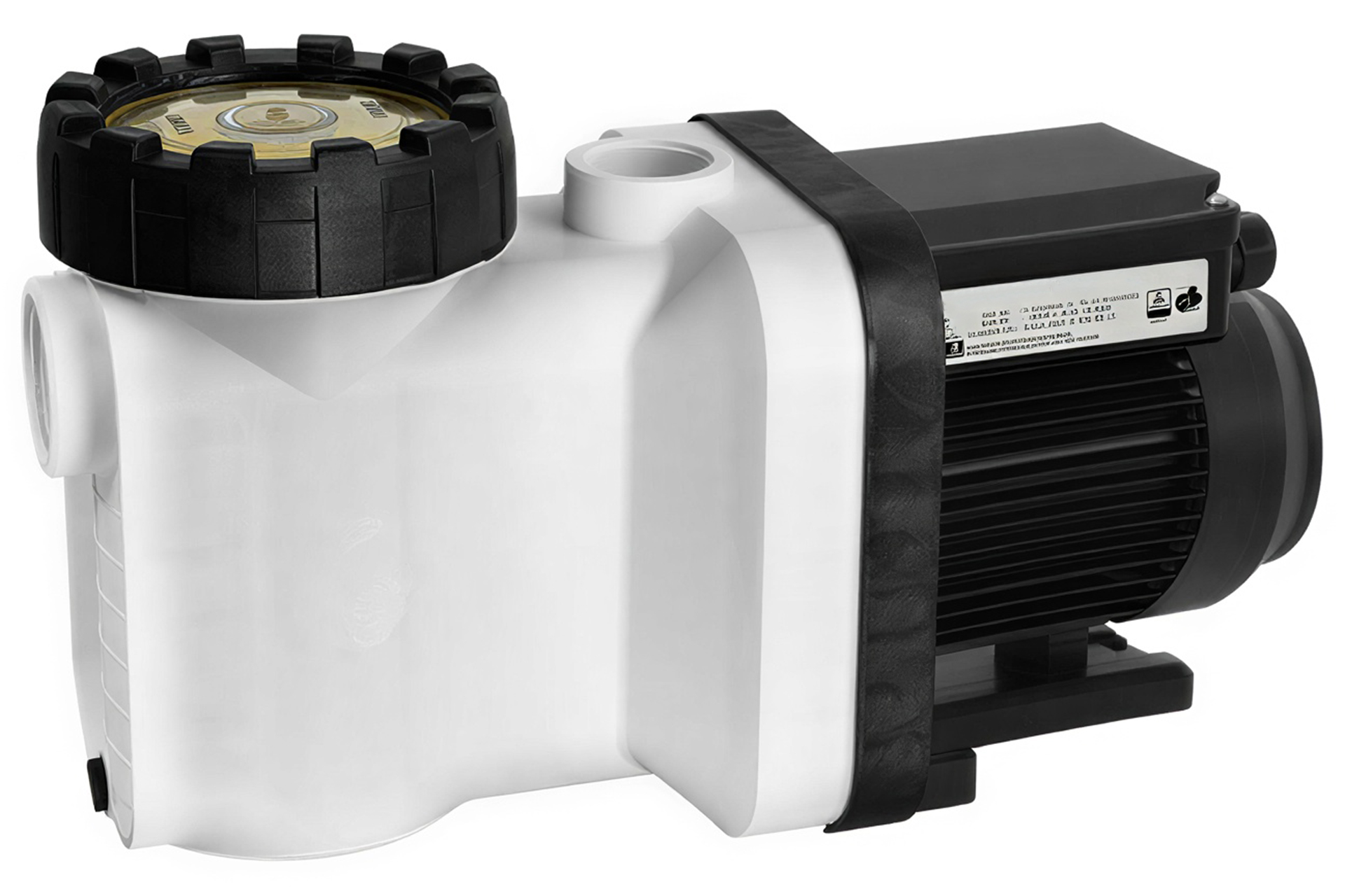 Weiße Perform Plus VS Speck Drehzahlgeregelte Poolpumpe mit schwarzem Motor und transparentem Deckel