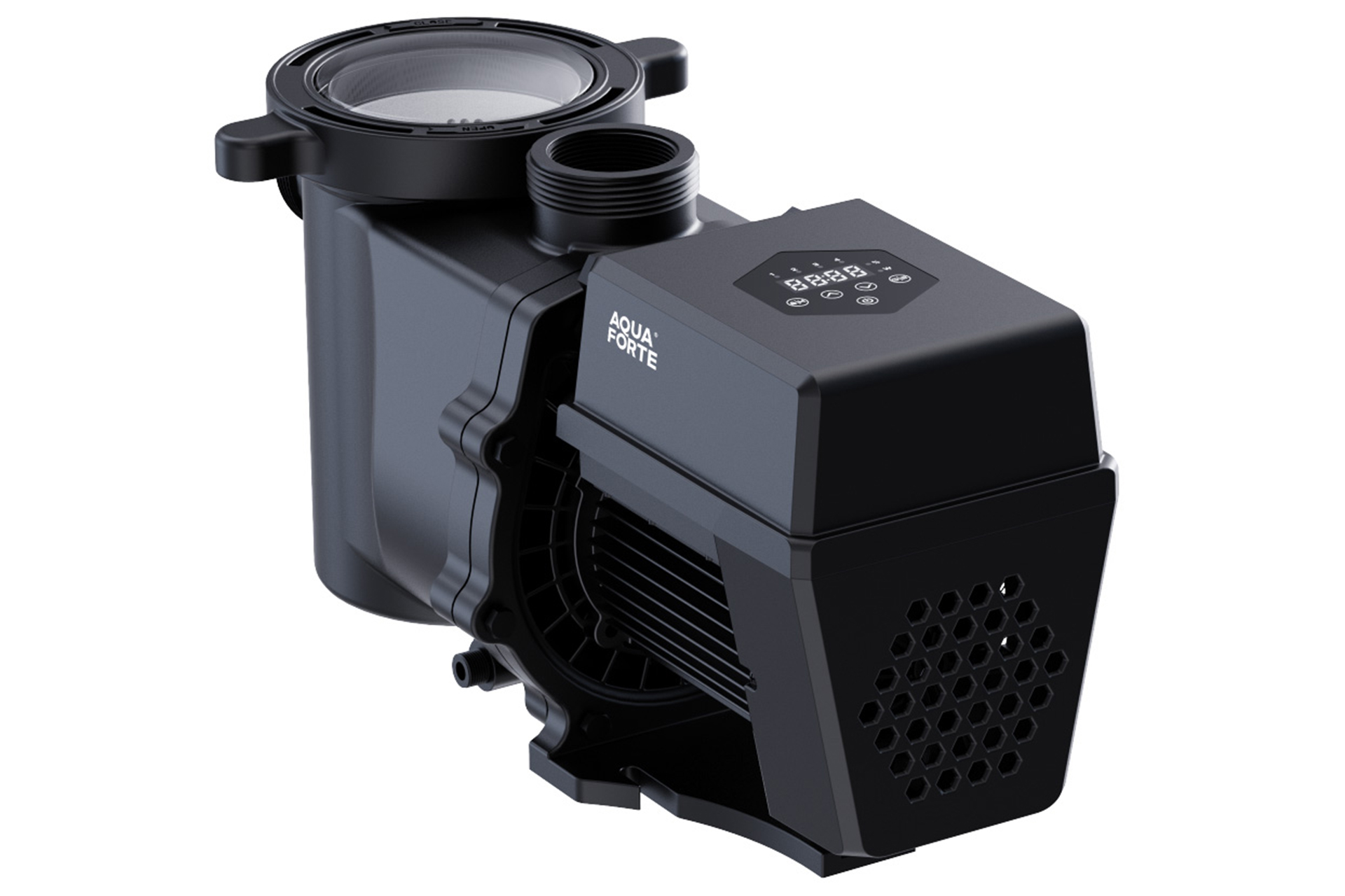 Zodiac InverGreen Eco IVS Poolpumpe, schwarzes Gehäuse mit digitalem Display und Vorfilter
