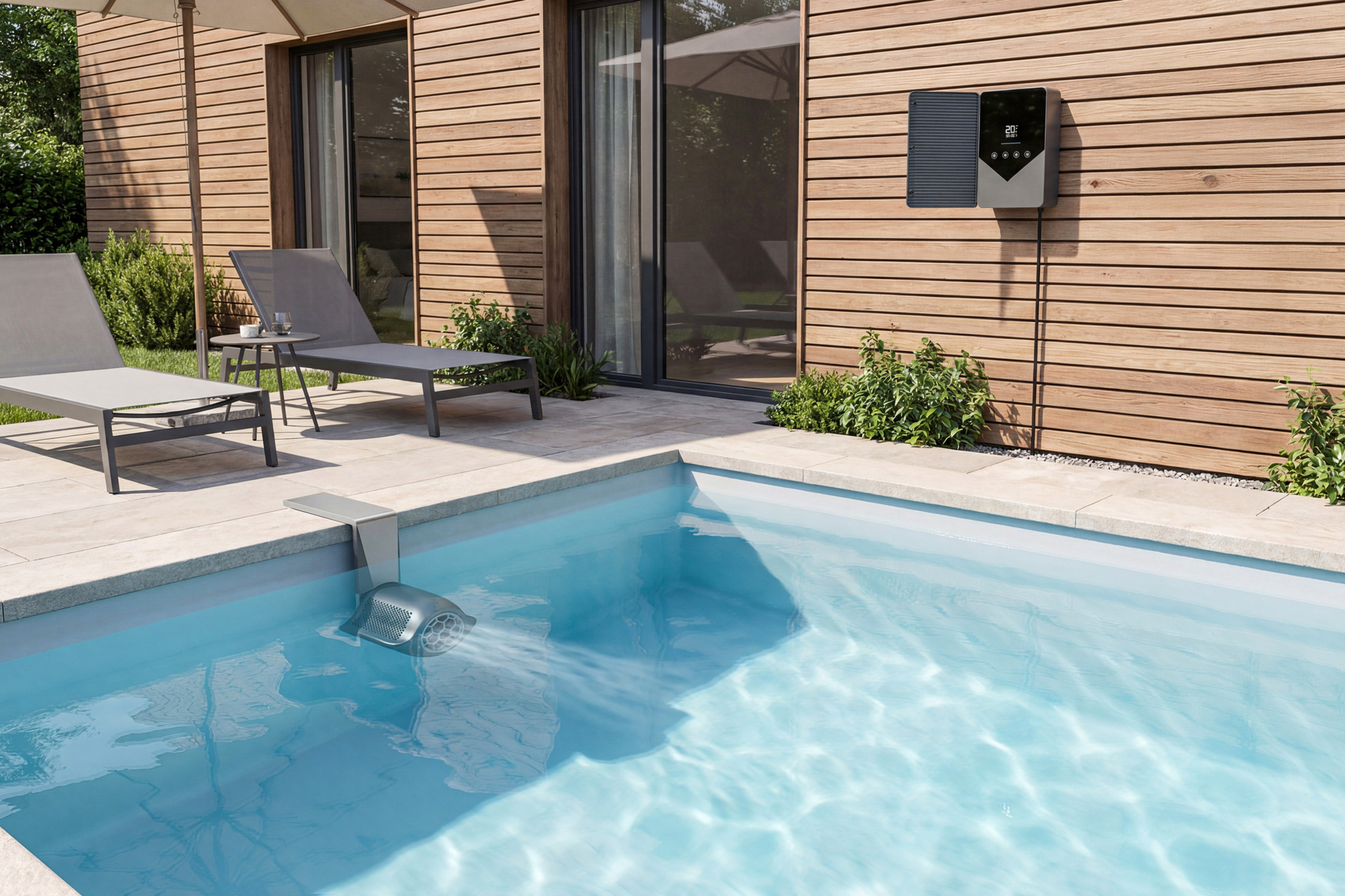 Aquagem Inverjet Gegenstromanlage im Pool, Steuerung an der Holzfassade