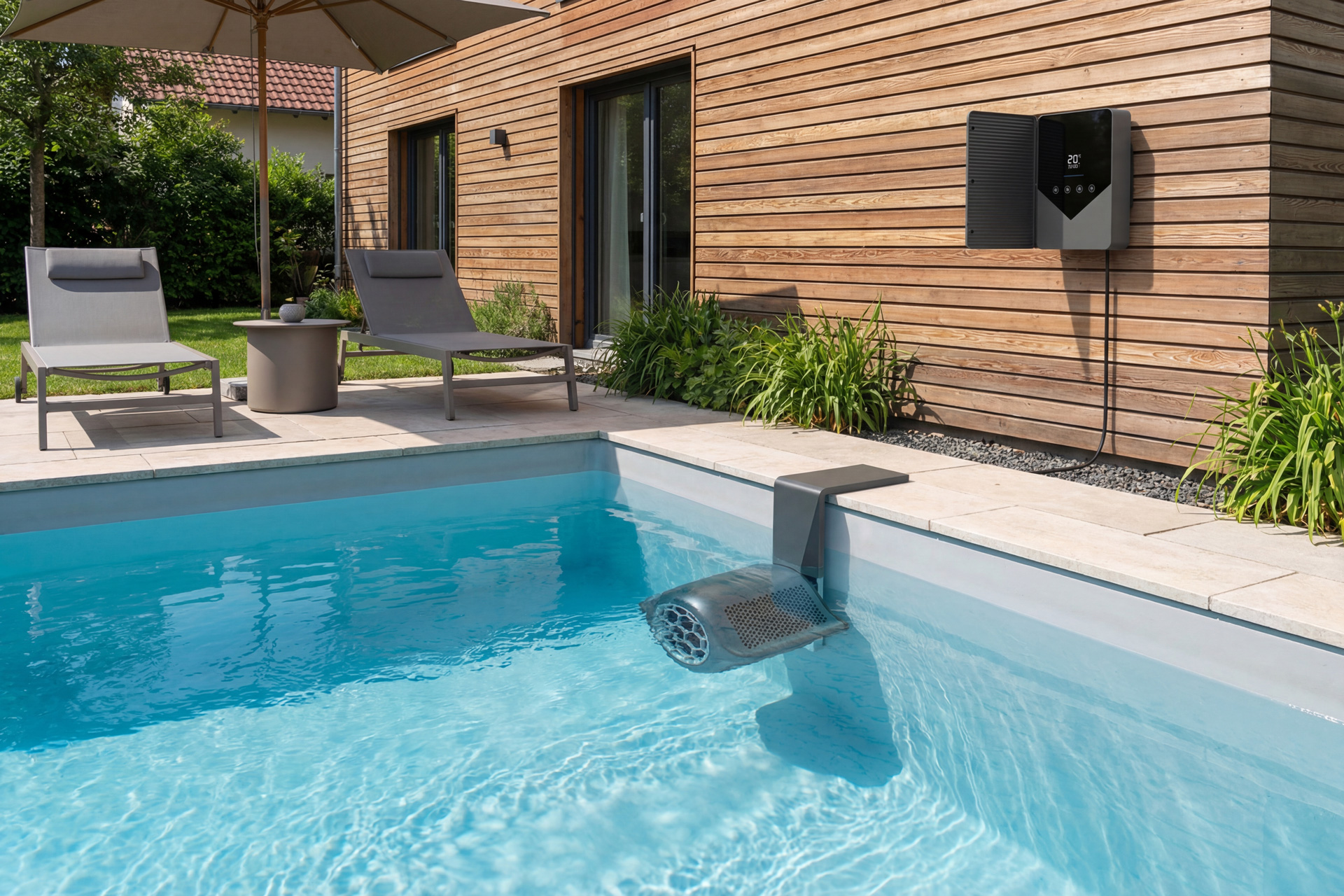 Aquagem Inverjet Gegenstromanlage im Pool mit Steuergerät an der Holzfassade