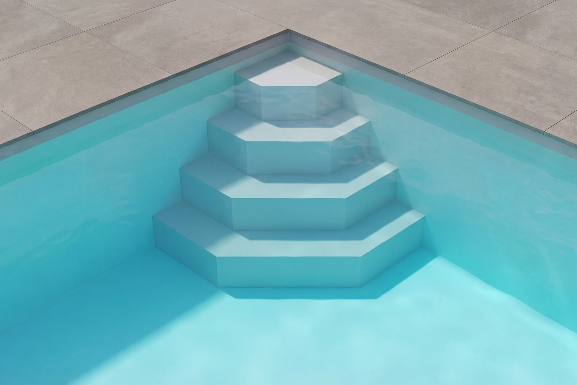 Poolistep Pooltreppe aus Styropor im Pool, von oben gesehen
