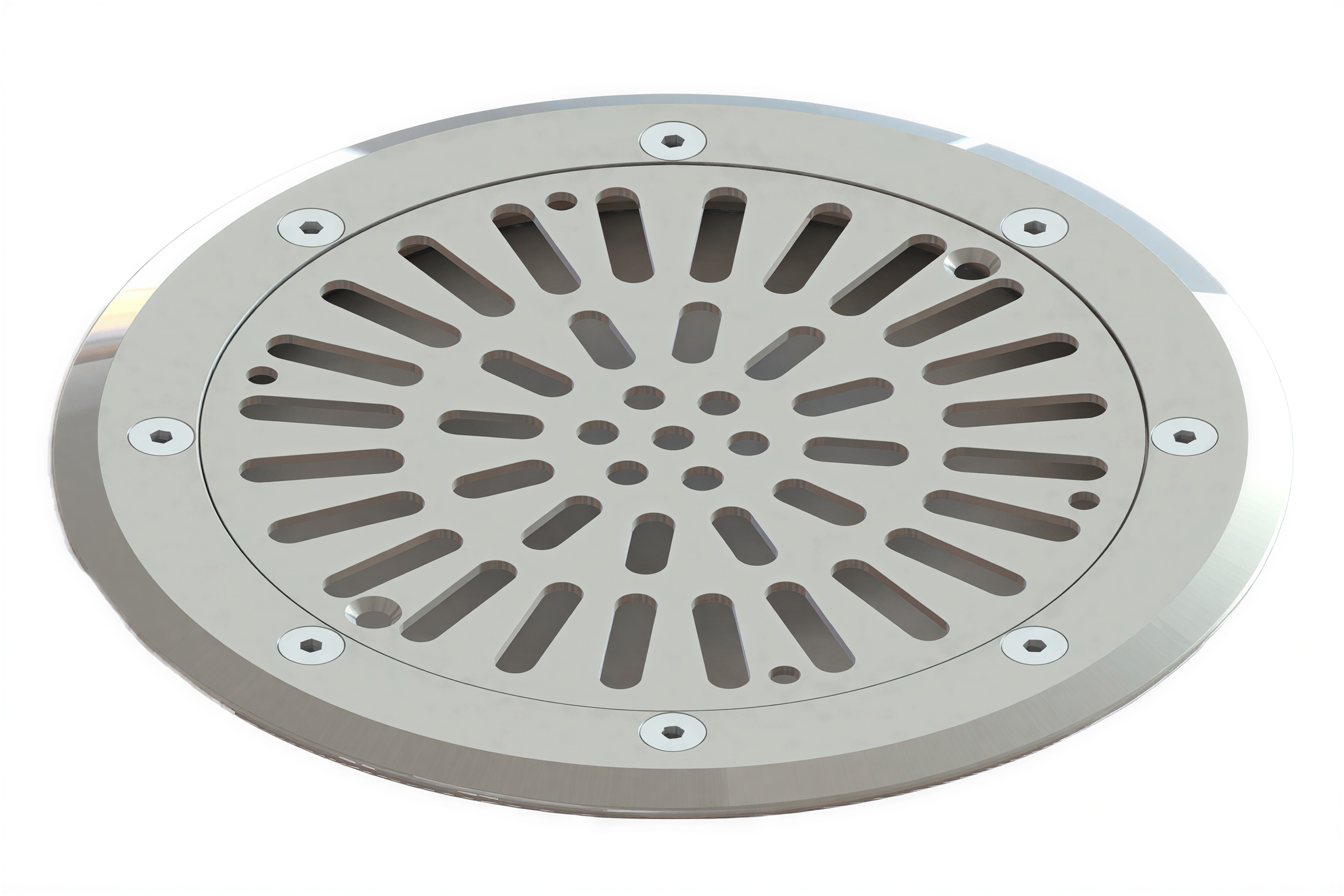 Rundes Edelstahl Gitter V4A für Bodenabläufe, mit zahlreichen Schlitzen und Schrauben befestigt